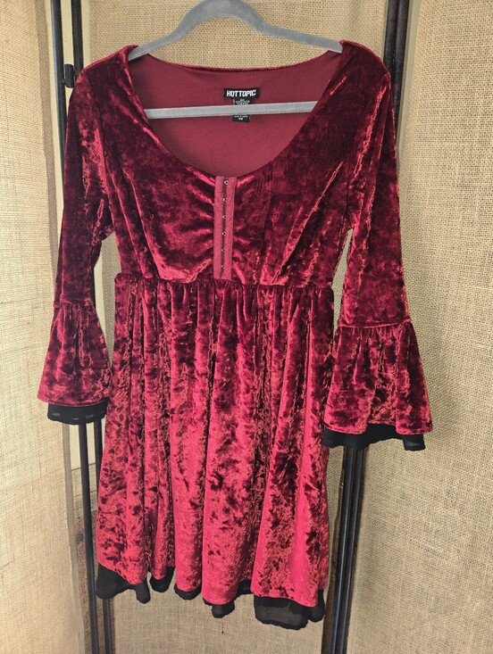 Hot Topic Dresses & Skirts - Hot Topic Red Velvet Bell-Sleeve Dress Halloween Whimsigoth Vampy Small